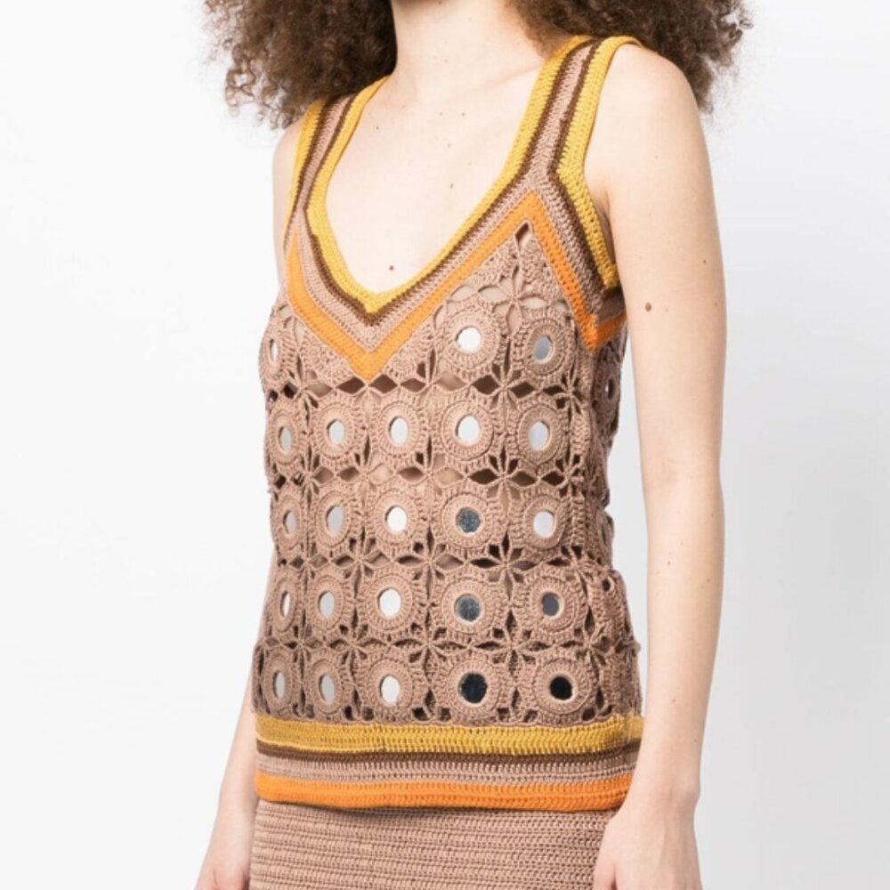 Wales Bonner Marimba Camel Crochet V-Neck Cotton-Knitted Top
